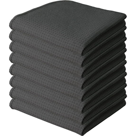 PurpleEssences 8 Pack Waffle Weave Solid Kitchen Dish Wash Cloths, 100% Cotton, 12x12 in - Dark Gray