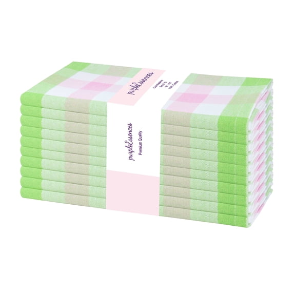 PurpleEssences Gingham Check Cloth Napkins Set of 10, 18x18 inches - Apple Green and Bush Pink