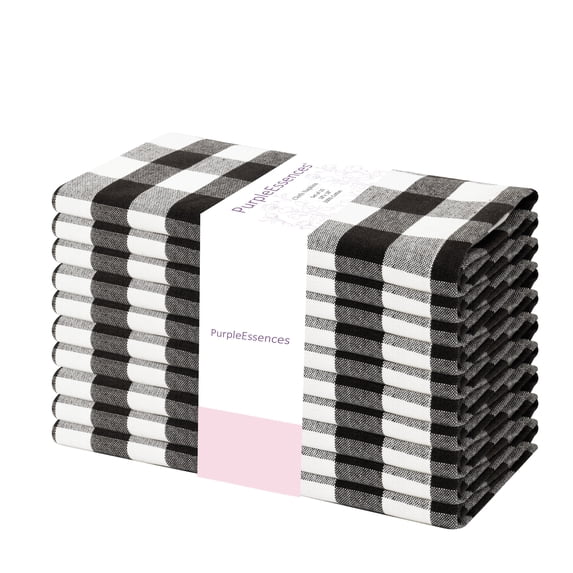 PurpleEssences Gingham Check Cloth Napkins Set of 10, 18x18 inches - Black and White