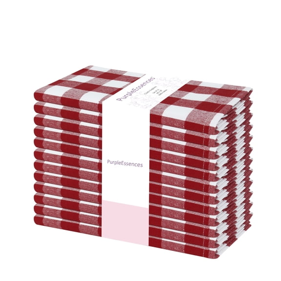 PurpleEssences Gingham Check Cloth Napkins Set of 10, 18x18 inches - Red and White