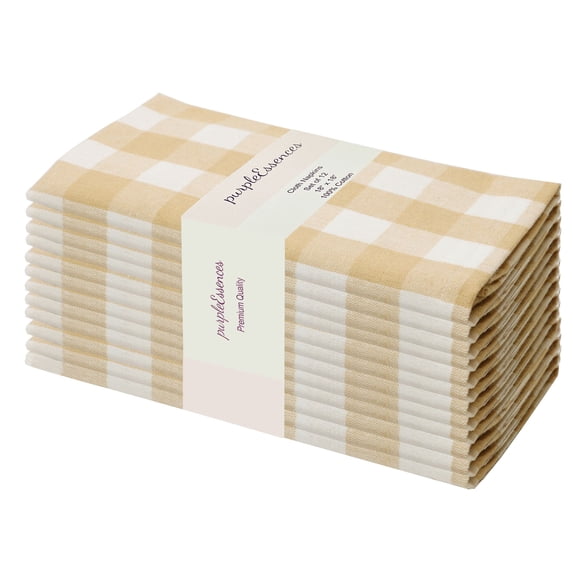 PurpleEssences Gingham Plaid Cloth Napkins - Set of 12, 100% Cotton Soft, Durable - Beige/White