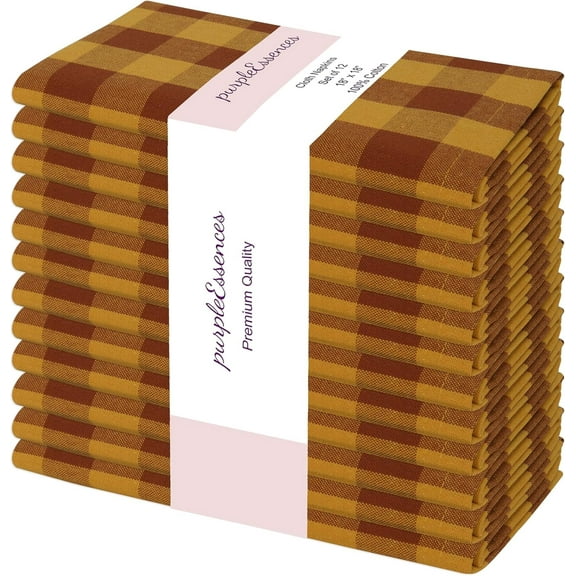 PurpleEssences Gingham Plaid Cloth Napkins - Set of 12, 100% Cotton Soft, Durable - Honey Gold/Rust