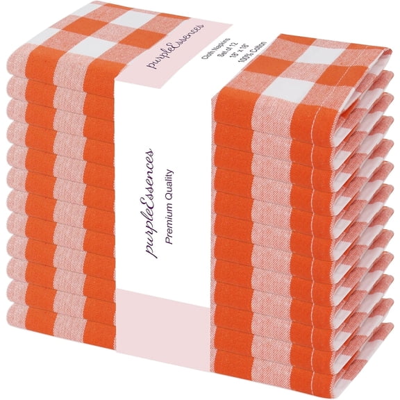 PurpleEssences Gingham Plaid Cloth Napkins - Set of 12, 100% Cotton Soft, Durable - Orange/White