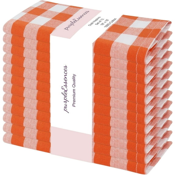 PurpleEssences Gingham Plaid Cloth Napkins - Set of 12, 100% Cotton Soft, Durable - Orange/White