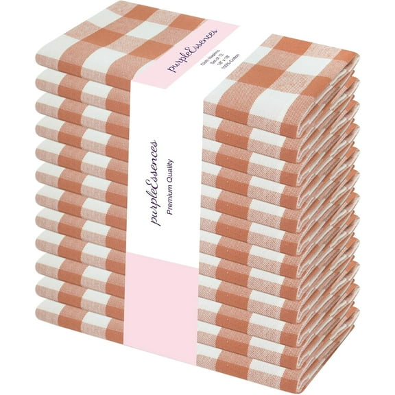 PurpleEssences Gingham Plaid Cloth Napkins - Set of 12, 100% Cotton Soft, Durable - Royal Rust/Ivory