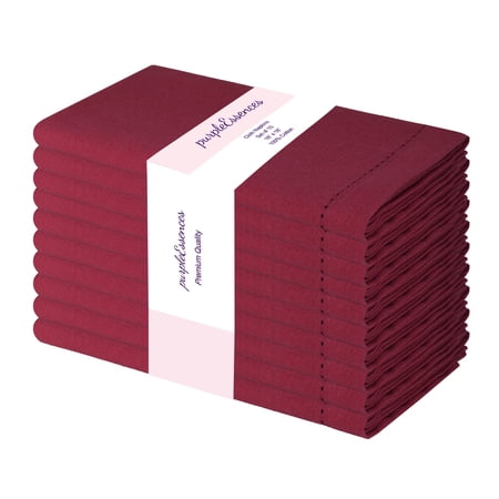 PurpleEssences Hemstitch Cloth Napkins Set of 10, 18x18 Inch, Dinner Table Decorative Napkins - Burgundy