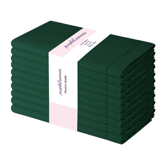 PurpleEssences Hemstitch Cloth Napkins Set of 10, 18x18 Inch, Dinner Table Decorative Napkins - Forest Green