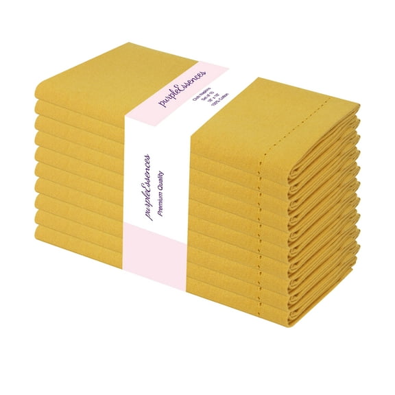 PurpleEssences Hemstitch Cloth Napkins Set of 10, 18x18 Inch, Dinner Table Decorative Napkins - Golden Yellow