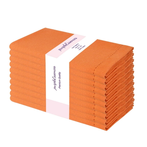 PurpleEssences Hemstitch Cloth Napkins Set of 10, 18x18 Inch, Dinner Table Decorative Napkins - Orange