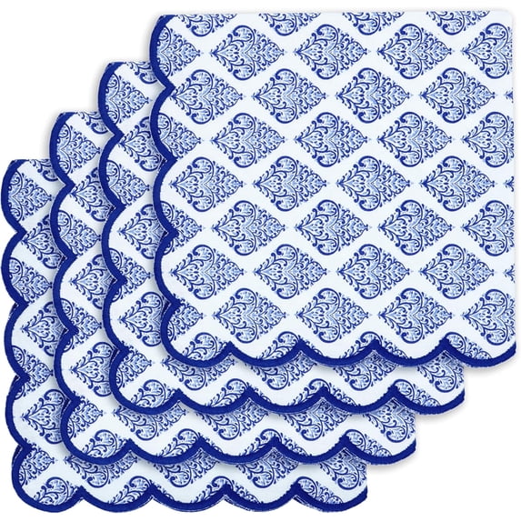 PurpleEssences Printed Scallop Cloth Napkins Set of 4 18x18 inches- Floral Paisley/Blue Edges