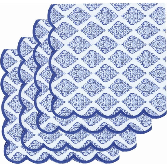 PurpleEssences Printed Scallop Cloth Napkins Set of 4 18x18 inches- Floral Paisley/Blue Edges