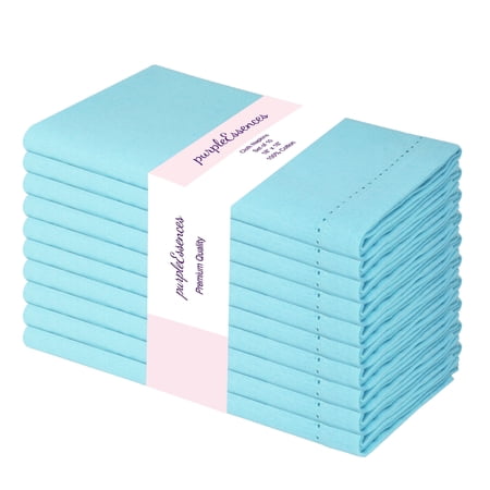PurpleEssences Hemstitch Cloth Napkins Set of 10, 18x18 inches, Dinner Table Decorative - Aqua Blue