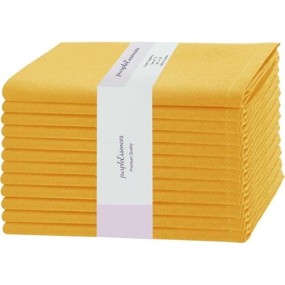PurpleEssences Set of 12 Solid Cloth Napkins 100% Cotton, Washable, 18x18 in - Golden Yellow