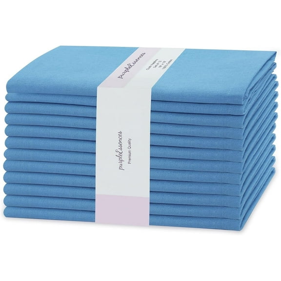 PurpleEssences Set of 12 Solid  Cloth Napkins 100% Cotton, Washable, 18x18 in - Light Blue