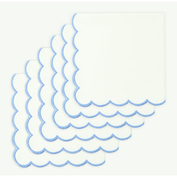 PurpleEssences Solid Scallop Cloth Napkins Set of 6 18x18 inches- White - Edges - Light Blue
