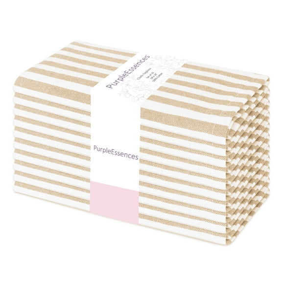 PurpleEssences Stripe Cloth Napkins Set of 10 (18x18 inches) - Beige and White