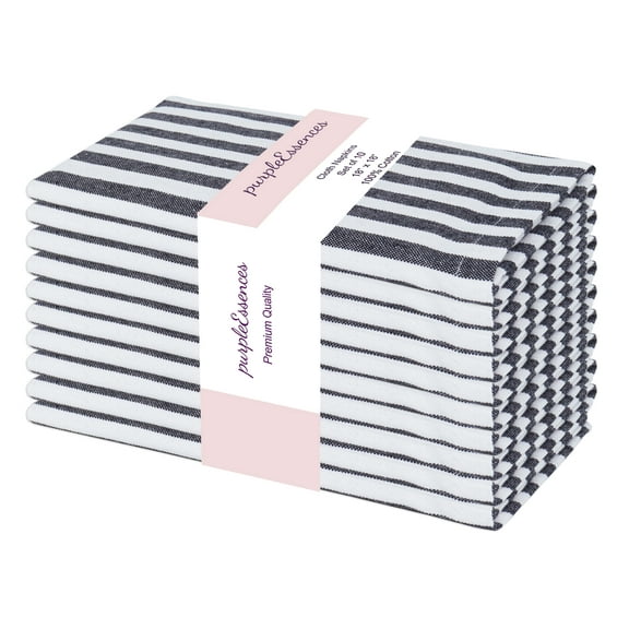 PurpleEssences Stripe Cloth Napkins Set of 10 (18x18 inches) - Black and White