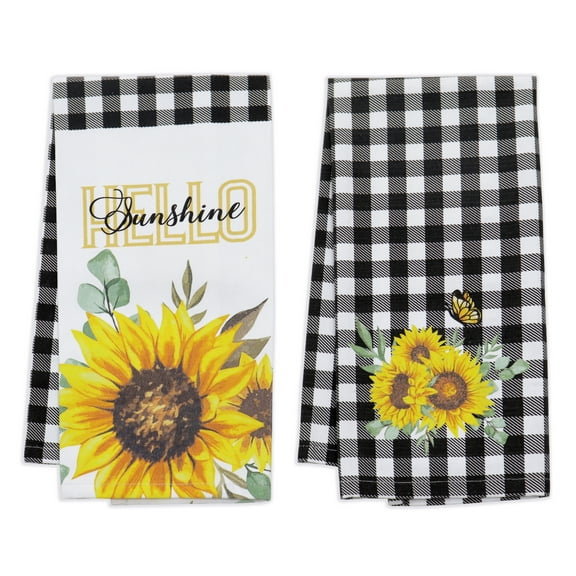 PurpleEssences Sunflower Plaid Kitchen Towels, Pack of 2, 16 x 26 Inch, 100% Cotton, For Seasonal Spring Kitchen Decor - Hello Sunshine/ Plaid with Sunflower