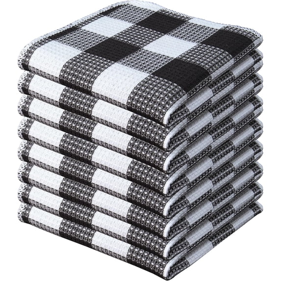 PurpleEssences Waffle Weave Check Plaid Kitchen Towels, 100% Cotton, 12x12, 8-Pack, Black/White
