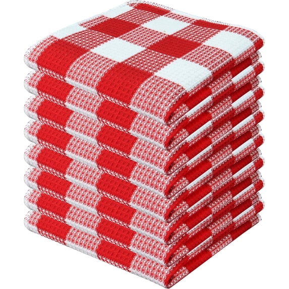 PurpleEssences Waffle Weave Check Plaid Kitchen Towels, 100% Cotton, 12x12, 8-Pack, Red/White