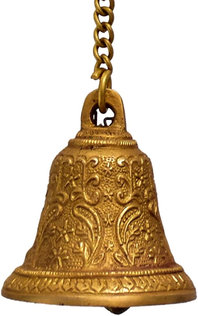Purpledip Brass Hanging Bell: For Home Temple, Door or Hallway Chain Length 27 inch(10783A)