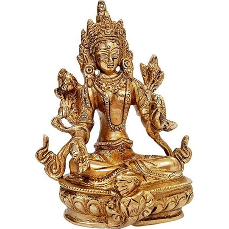 Purpledip Brass Statue Green Tara, Female Bodhisattva: Tibetan Buddhist Goddess (11428)