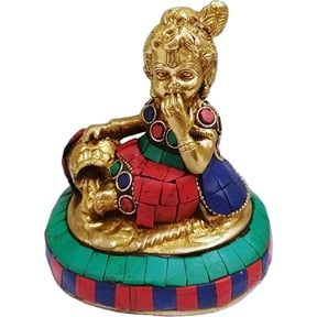 Purpledip Brass Statue Lord Krishna Makhan Chor: Handmade Idol with Gemstones (11430)