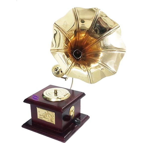 Purpledip Handcrafted Brass Vintage Miniature Wooden Gramophone Showpiece Memorabilia Souvenir For Hotels Restaurants Home(10736)