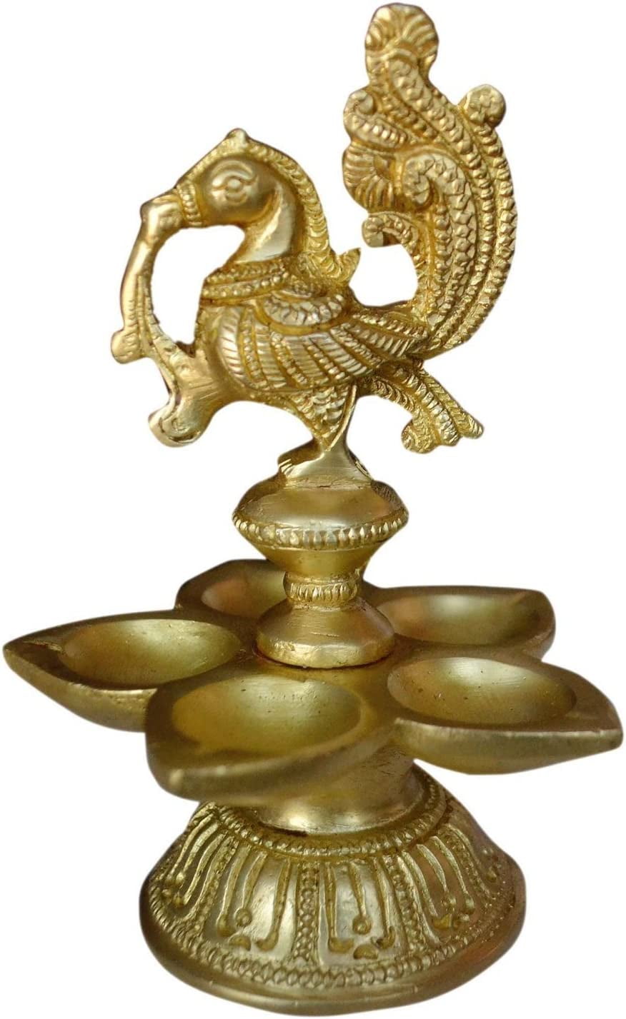 Purpledip Unique Brass Peacock Diya Oil Lamp: 5 Deepak Kuthu Vilakku, Diwali Decoration Gift Ideas (10225)