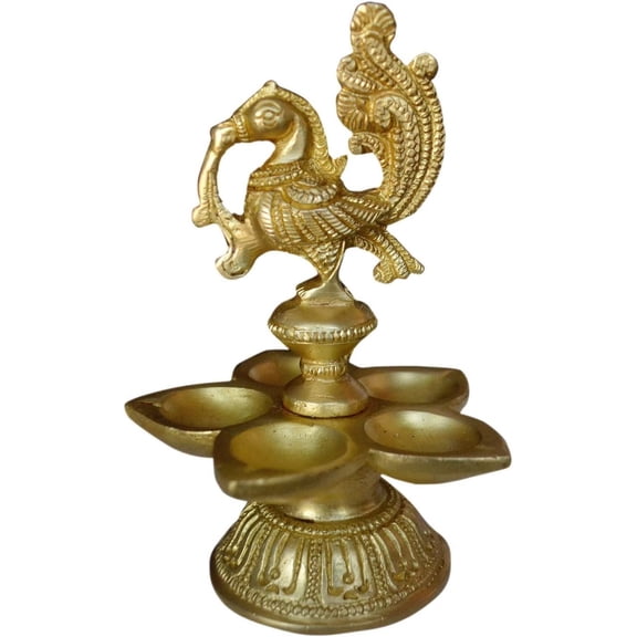Purpledip Unique Brass Peacock Diya Oil Lamp: 5 Deepak Kuthu Vilakku, Diwali Decoration Gift Ideas (10225)