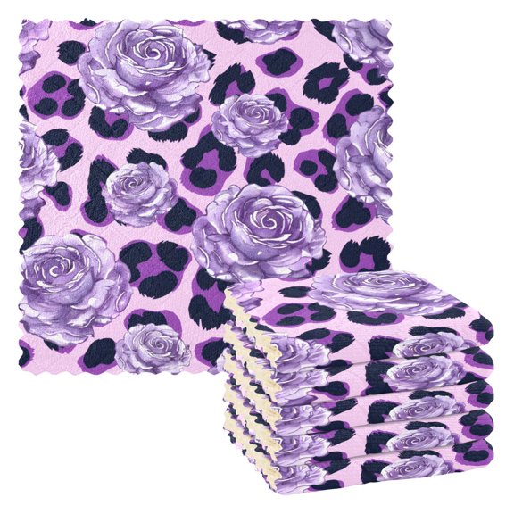 Purpleleopard Print Rose Pattern Dish Towels 6 Pack Kitchen Cleaning Dish Cloths Absorbent Reuseable Cleaning Cloths 11'' x 11''