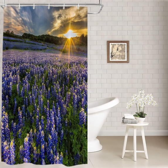 Purplish Blue Wilderness Sunset Decor Shower Curtain,Yellow Nature Lavender Bathroom Decor Polyester Fiber Plastic Rings Quick-Drying Waterproof for Bathtubs/Bathroom, 72x36 inches
