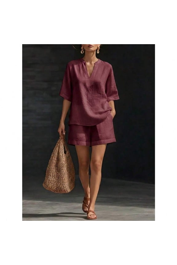 Purplish-Red Linen Cotton V-Neck Top & Shorts Two-Piece Set, Relaxed Fit Casual Co-Ord