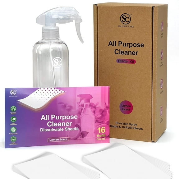 All Purpose Cleaner Starter Sheet Kit by Soluble Care | Lemon Scent, Multi-Surface (Dissovable, Biodegradable, Eco-Friendly), Reusable Spray Bottle + 16 Refill Sheets
