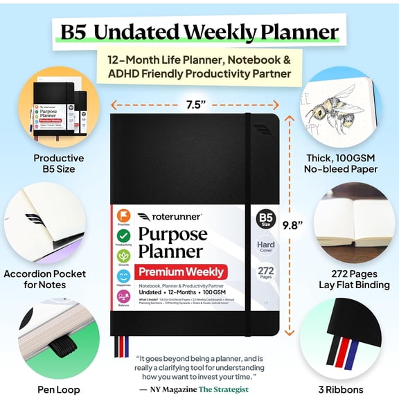 Purpose Planner Notebook B5 Undated 2026 Daily Weekly Monthly Productivity Goal Setting Tool for Work Home ADHD Adults  Care Journal Black