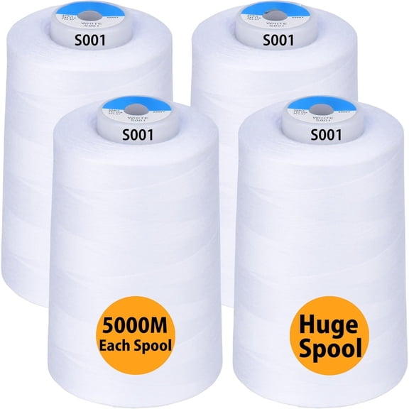 Purpose Sewing Thread from Spun Polyester for Serger, Overlock, Merrow, Quilting Sewing 4 Big Cones of 5000M (5500 Yards) Each - 40S/2 White