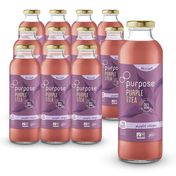 Purpose Tea, Purple Reign - Bottled Iced Tea, All Natural Brewed Organic Purple Leaves, Lightly Sweet, Pure, Non-GMO, High in Antioxidants and Anthocyanins, Healthy Drinks - 16 oz (Pack of 12)