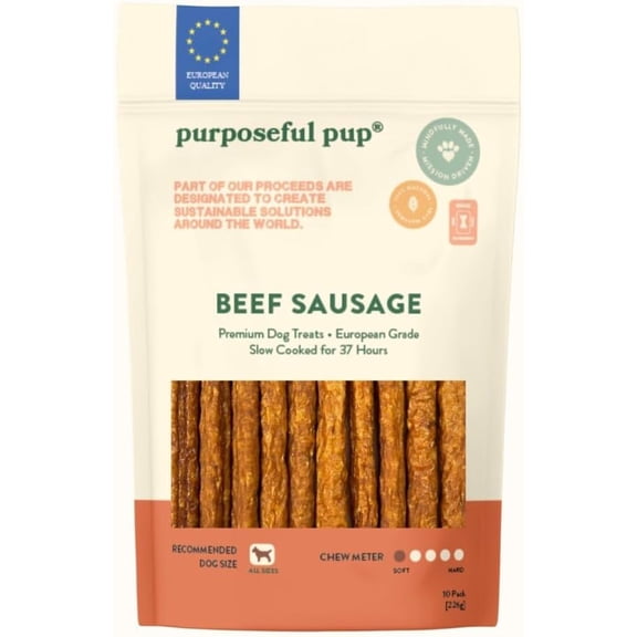 Purposeful Pup Beef Sausage Dog Treats – 100% Natural Single Ingredient, Grain‑Free Chews for Dogs, 10 Pack