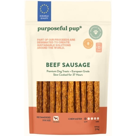 Purposeful Pup Beef Sausage Dog Treats ā 100% Natural Single Ingredient, GraināFree Chews for Dogs, 10āÆPack