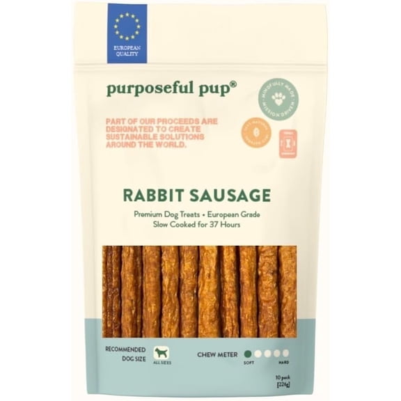 Purposeful Pup Rabbit Sausage Dog Treats, 100% Natural Single Ingredient, Grain‑Free Chews for Dogs - 10 Pack