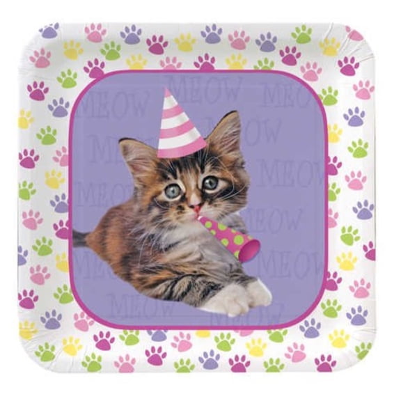 Purr-ty Time! Kitty Cat Kitten Animal Birthday Party 7" Square Dessert Plates