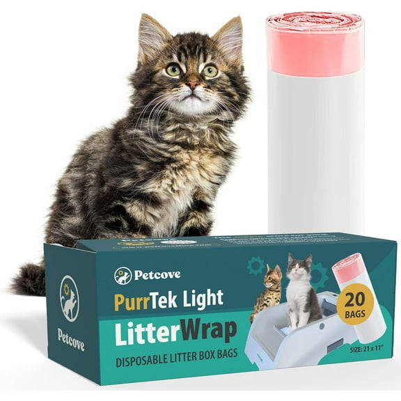Petcove PurrTek Light Cat Litter Box Liners  20-Pack Heavy-Duty Drawstring Bags for Automatic & Self-Cleaning Litter Boxes | Jumbo Leak-Proof, Unscented Odor Control, Precision Fit Refills
