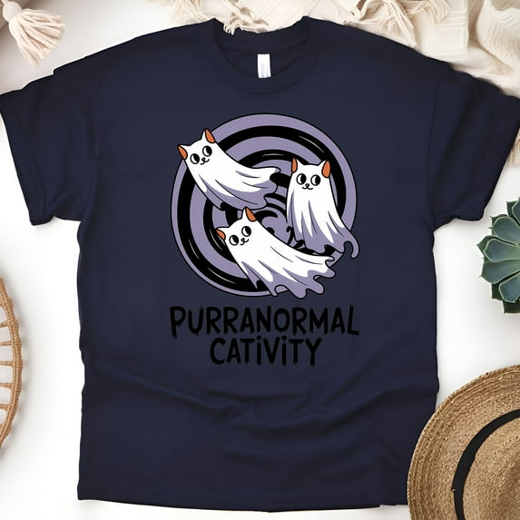 Purranormal Cativity Ghost Cat Shirt for Adults, Funny Halloween Tee, Navy, Size L