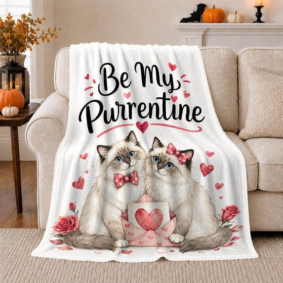 Be My Purrentine Cats Holding Envelope Watercolor, Cozy Pet Portrait Pattern, Warm Flannel Blanket for Living Room and Reading Nook, Cat Lovers Friendship Gift, Pet Lover Home Decor