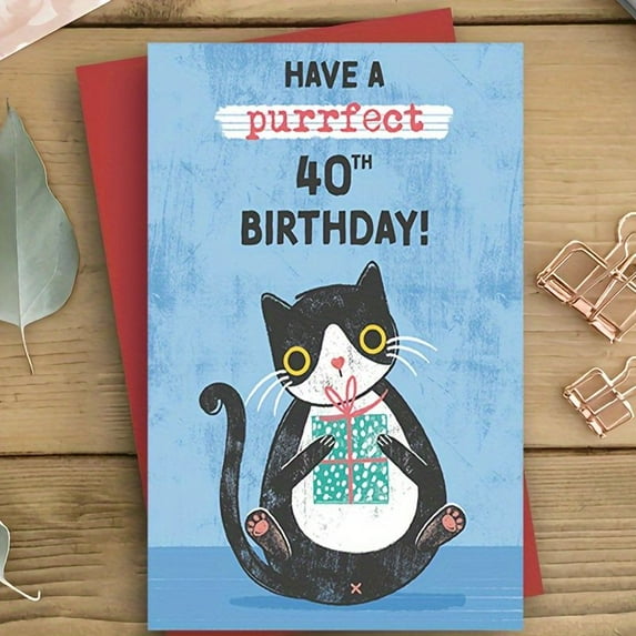 Purrfect 40th Birthday Card – Cute Cat Design with Gift Box – Blank Inside for Personal Messages – Perfect for Friends and Family Celebrations