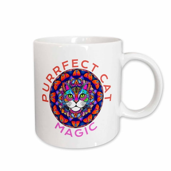 3drose, Purrfect Cat Magic Text and a Stunning Cat Inside Red, Blue Mandala, 11oz Mug