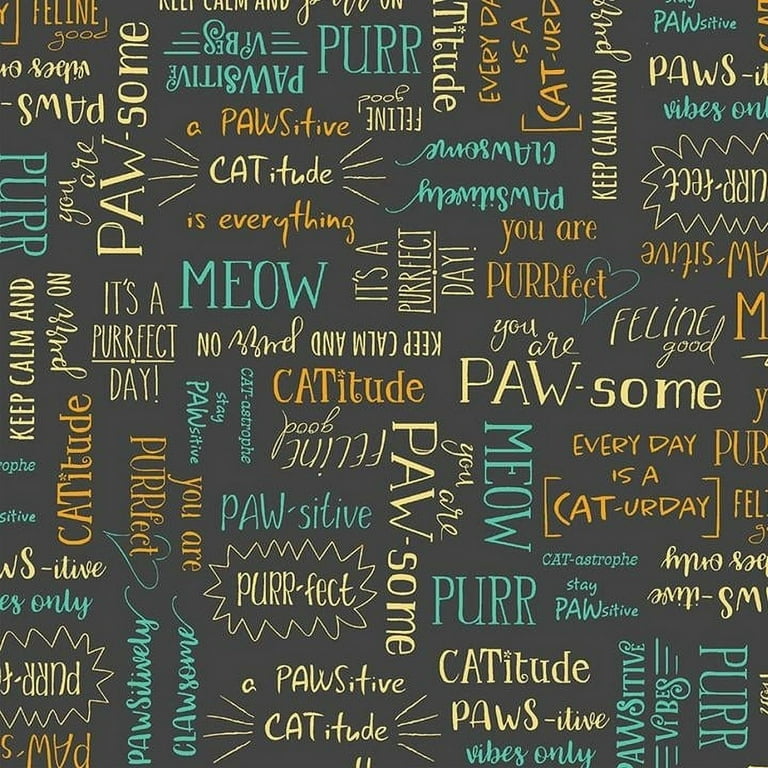 Purrfect Day Purrfect Words on Black Cotton Fabric by The Yard by Windham Fabrics