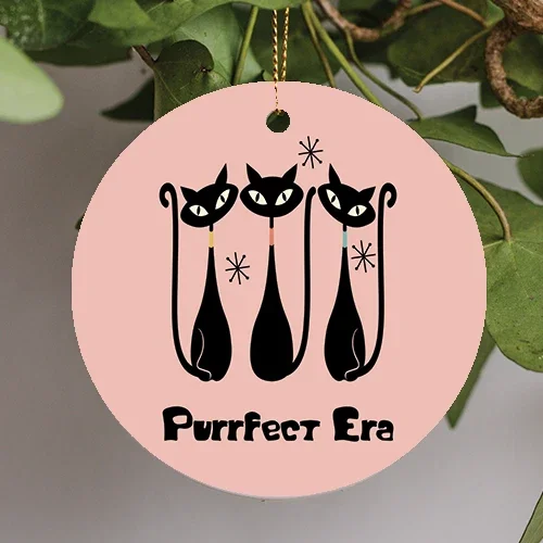 Purrfect Era Mid Century Cat Modern Atomic Cats Retro Atomic Decor 2D FLAT CIRCLE Ceramic Ornament