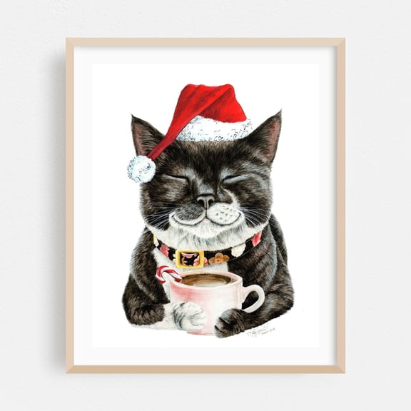 Purrfect Morning Christmas - Painting Oak Framed Wall Art Print 30 x 40 inches