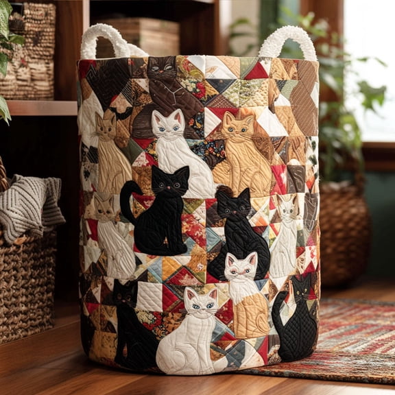 Purrfect Patchwork Quilted Laundry Basket, Clothes Hamper Storage BagHousewarming Gift Ideas, Gift For Mom